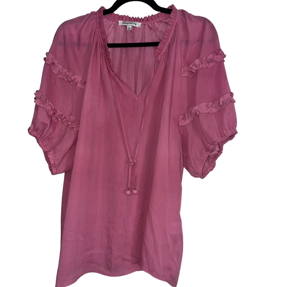 Rose + Olive Mauve Pink Ruffle Sleeve Tie Neck Blouse Top 1X Peasant Coquette